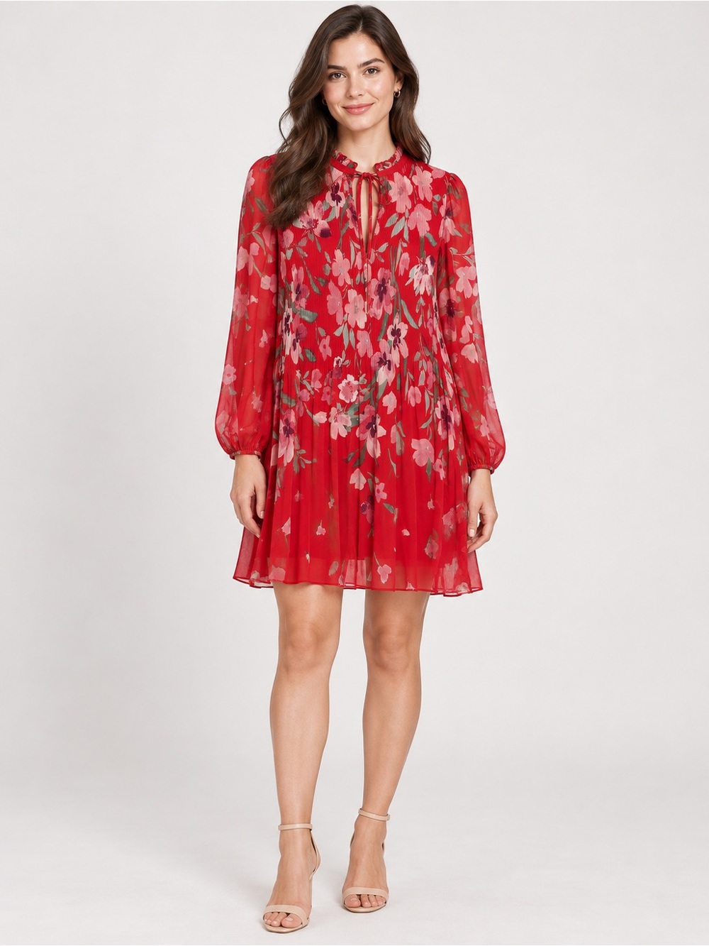 Jessica Howard Red Floral Pleated Chiffon Dress 8P Petite Long Sleeve Tie Neck